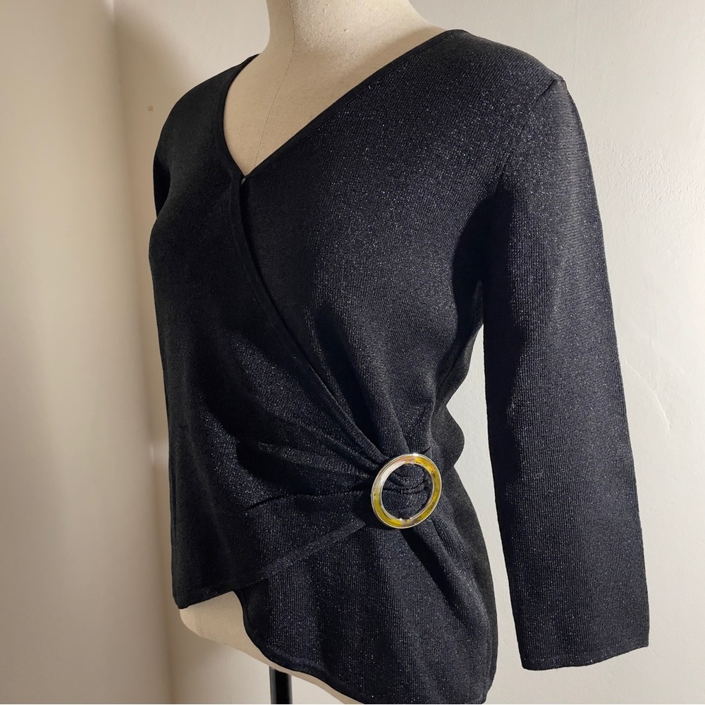 Black Sparkly V-Neck Faux Wrap Sweater Gold Ring Accent by Joseph A
Size Medium - Picture 1 of 15